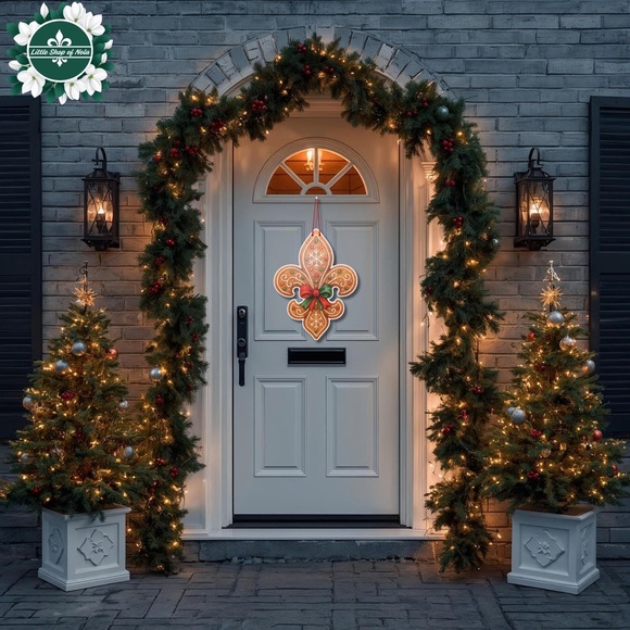Gingerbread Fleur de Lis Door Hanger New Orleans Christmas Decor Sign - Picture 11 of 17